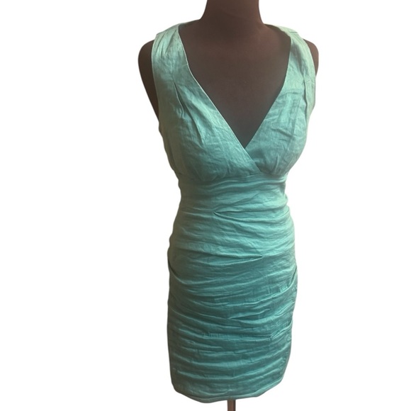 NICOLE MILLER Ruched Waist Bodycon Cocktail Dress Size 4 Cyan Teal Wedding EUC - Picture 5 of 14